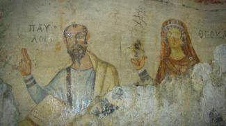 Ancient wall painting of Paul and Thecla