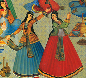 Picture of an Iranian painting showing two women dancing.