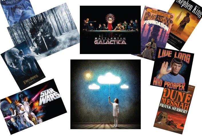 collage of sci fi fiction books and tv and movies - harry potter, game of thrones, lord of the rings, star wars, stephen king, Isaac Asimov's Foundation, Star Trek, and Dune